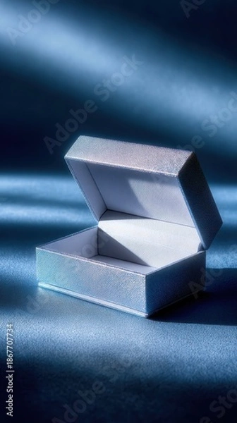Obraz Elegant open silver box on textured blue surface with dramatic lighting