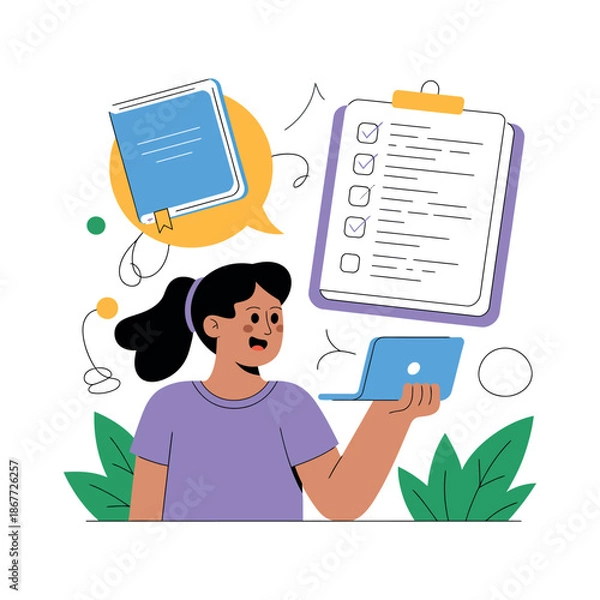 Obraz Student studies online using a laptop near floating educational checklist.