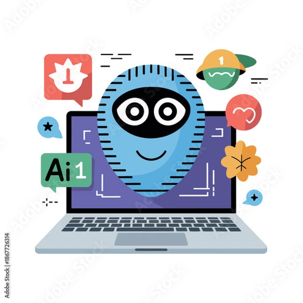 Obraz Artificial intelligence robot face displays on laptop surrounded by.