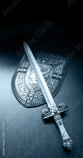 Obraz Iron shield and sword on the table