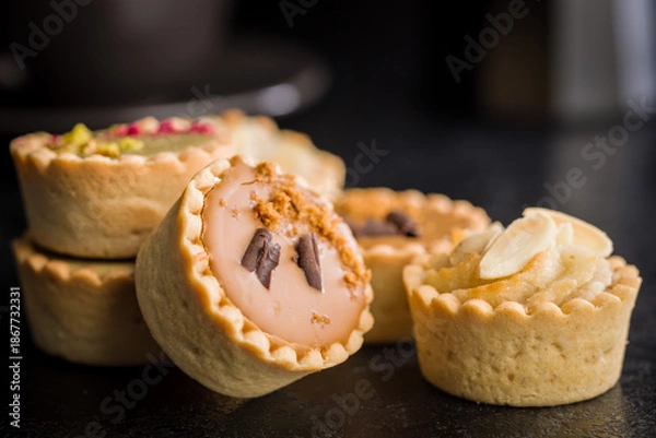 Obraz Sweet mini tartlets on black table.