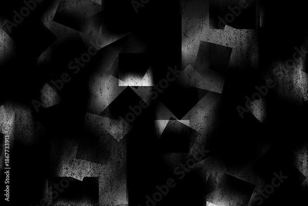 Obraz 黒や白や灰のモノクロの色で炭や砂が舞い上がっているようなざらざらとした模様と四角の形の複数のオブジェクト、グラデーション、ぼかしの効果のある模様を重ねてデザインした壁紙、テクスチャ、背景