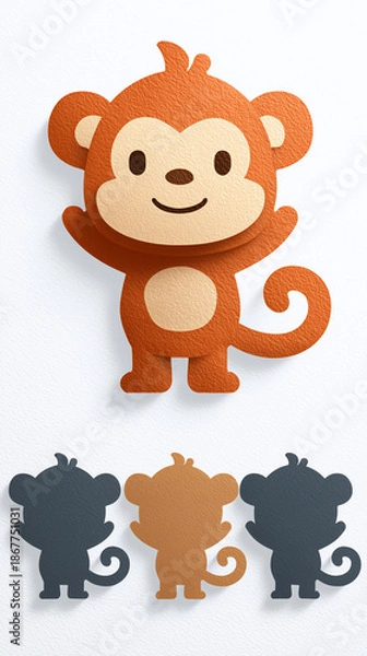 Obraz Cute Paper Cutout Monkey with Shadow Matching Game