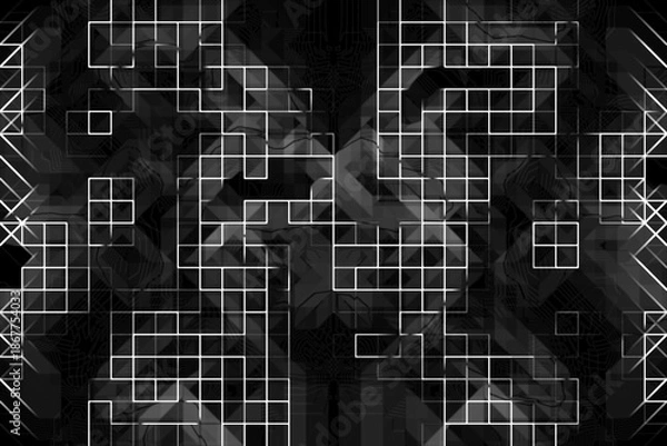 Obraz 抽象的と幾何学的の要素がありグリッドや直線、曲線の模様でモノクロの白、黒、灰の色でペイントしてデザインした背景、壁紙、テクスチャ