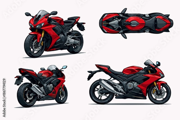 Obraz Red Sport Motorcycle Multi Angle Vector Set