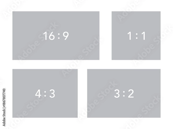 Obraz 様々な比率のグレーの四角形のベクター素材。SNSの画像投稿に適した比率のテンプレートのバリエーション。モックアップ用の画像素材