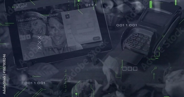 Obraz Showing tablet on stand displaying dating app at checkout among plants, card reader and binary code