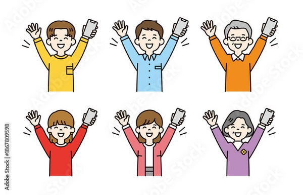 Obraz スマホを持って喜ぶ・バンザイをする、様々な年齢の男女のベクターイラスト素材セット＿カラー