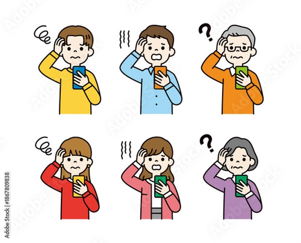 Obraz スマホを見て困る・悩む・頭を抱える、様々な年齢の人々のベクターイラスト素材セット＿カラー