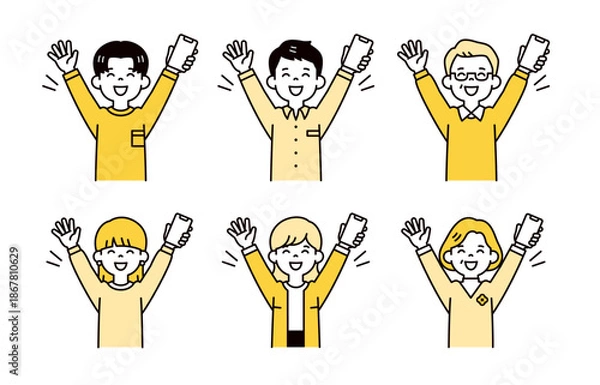 Obraz スマホを持って両手を上げて喜ぶ、三世代の家族ののシンプルな上半身ベクターイラスト素材セット