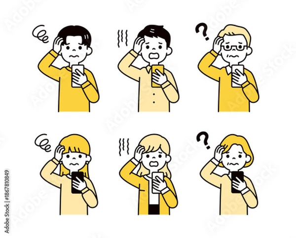 Obraz スマホを持って頭を抱える、いろいろな年代の男性と女性のシンプルなベクターイラスト素材セット