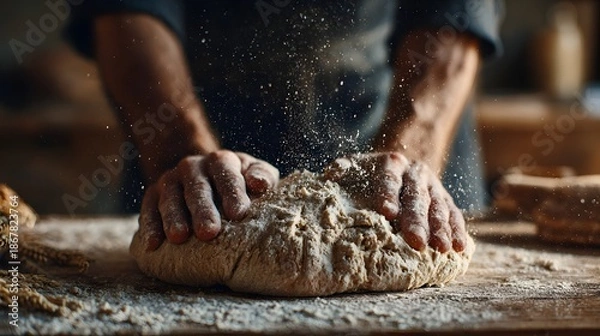 Obraz Artisan Bread Dough Kneading Process on Wooden Table