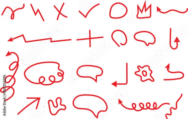 Fototapeta Hand drawn red doodle elements with various arrows