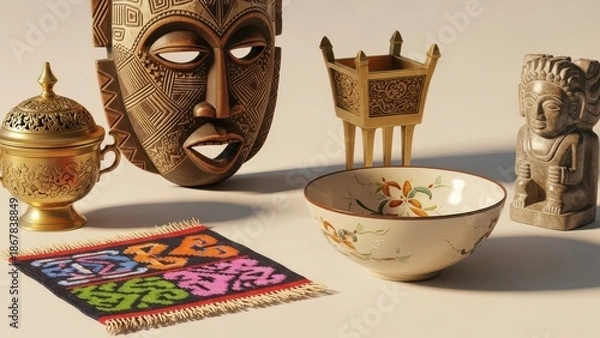 Obraz African artifacts with ornate golden objects displayed