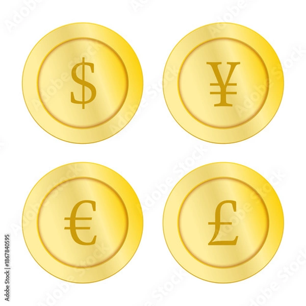 Fototapeta ドル・円・ユーロ・ポンドを金貨風に表現した、通貨アイコンのゴールドコインセット