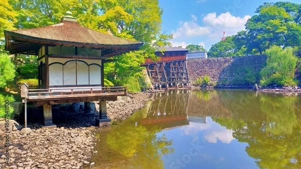 Obraz 和歌山城西之丸庭園の鳶魚閣と夏の空