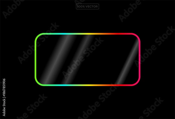 Obraz Neon glow light rectangle frame. Led rectangular game button. Green yellow light outline on black  template vector