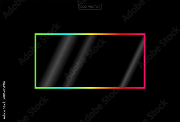 Obraz Neon glow light rectangle frame. Led rectangular game button. Green yellow light outline on black  template