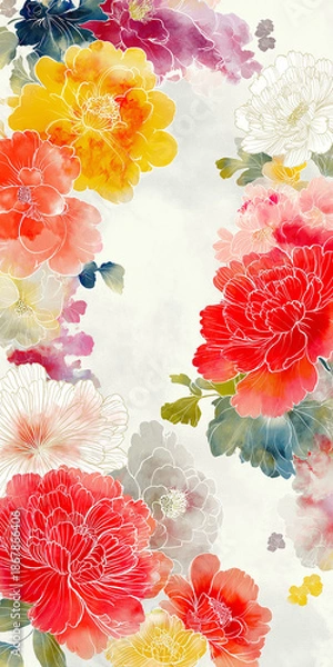 Obraz 日本の伝統模様と水彩の花が優美に融合した装飾背景。季節感や和の趣を演出するイラストとして、動画演出・商品パッケージにも活用可能。