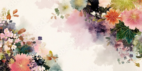 Obraz 和紙調の質感と手描き風の花柄が調和した、美しい和風背景イラスト。年賀状、和雑貨、和風広告、Vlog背景など多様な用途に対応した万能素材。