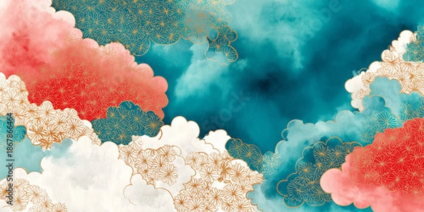 Obraz 日本の伝統模様と水彩の花が優美に融合した装飾背景。季節感や和の趣を演出するイラストとして、動画演出・商品パッケージにも活用可能。