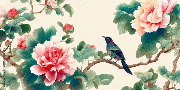 Obraz 日本の伝統模様と水彩の花が優美に融合した装飾背景。季節感や和の趣を演出するイラストとして、動画演出・商品パッケージにも活用可能。