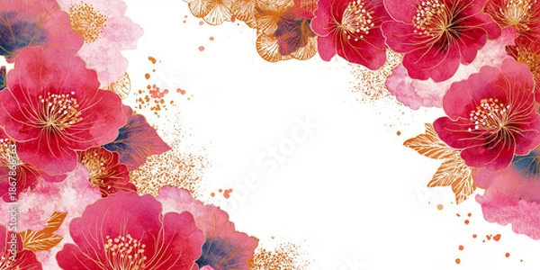 Obraz 繊細に描かれた和の花模様が舞う水彩背景。落ち着きのある配色と構図で、和風コンテンツや高級感ある和雑貨デザインに最適なビジュアル素材。