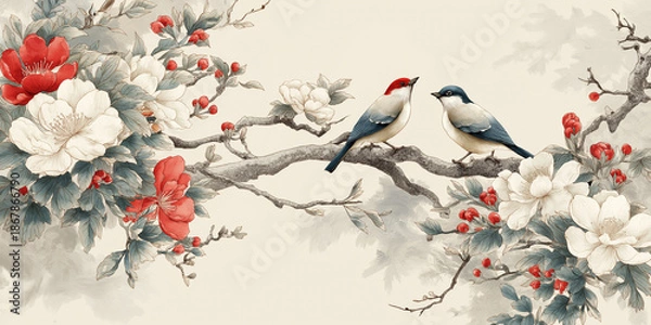 Obraz 繊細に描かれた和の花模様が舞う水彩背景。落ち着きのある配色と構図で、和風コンテンツや高級感ある和雑貨デザインに最適なビジュアル素材。