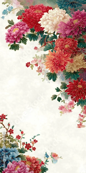 Obraz 水彩タッチの華やかな花と幾何学模様が融合した、和風テイストあふれる背景イラスト。日本的な美を感じるデザインで動画や印刷にも幅広く使える。