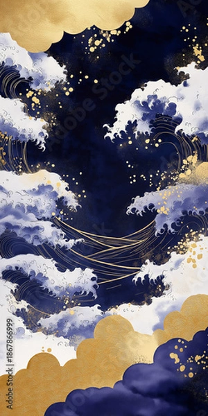 Obraz 和風の花柄と伝統的文様を組み合わせた、美しい水彩背景素材。和の雰囲気を伝える場面にぴったりなイラストで、上品な世界観を演出。