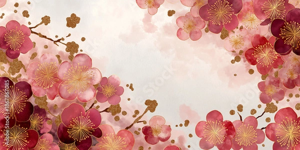 Obraz 和風の花柄と伝統的文様を組み合わせた、美しい水彩背景素材。和の雰囲気を伝える場面にぴったりなイラストで、上品な世界観を演出。