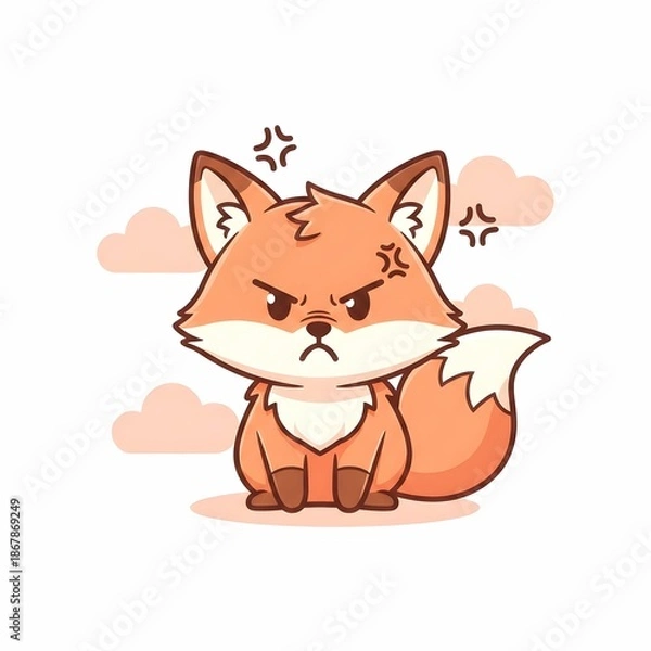 Obraz Angry Little Fox Character Grumpy Expression with Clouds Background