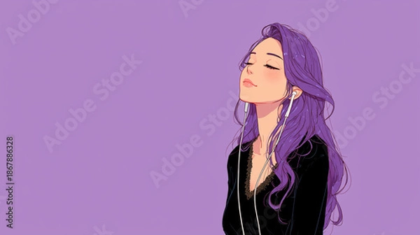 Obraz ヘッドフォンで音楽を聞く女性をYouTube動画サムネイル用にアニメスタイルで描いたAI生成画