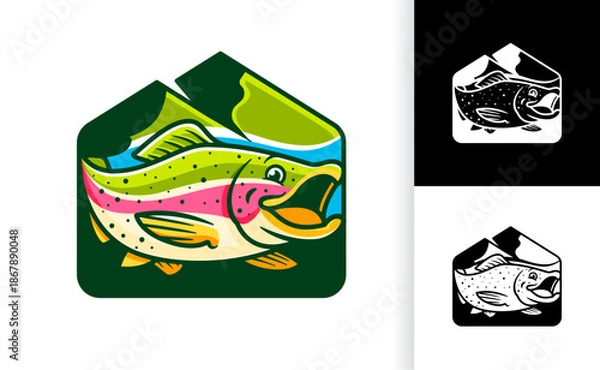Obraz Rainbow Trout and Mountain Logo Design