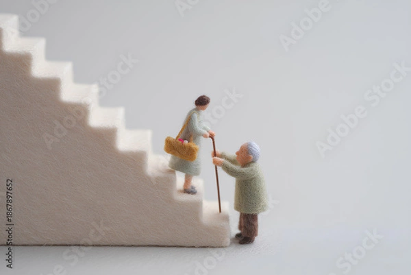 Obraz 階段を上る高齢者を優しく支える少女の思いやり（フェルト・3D）まみおデザイン福祉シリーズ
