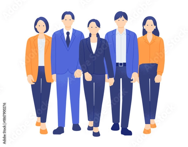 Obraz 未来へ向かって歩く若手のビジネスパーソン。スーツとオフィスカジュアルの男女5人組イラスト素材。