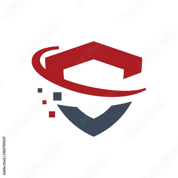 Obraz Digital S Shield Security Logo with Orbiting Element and Pixels