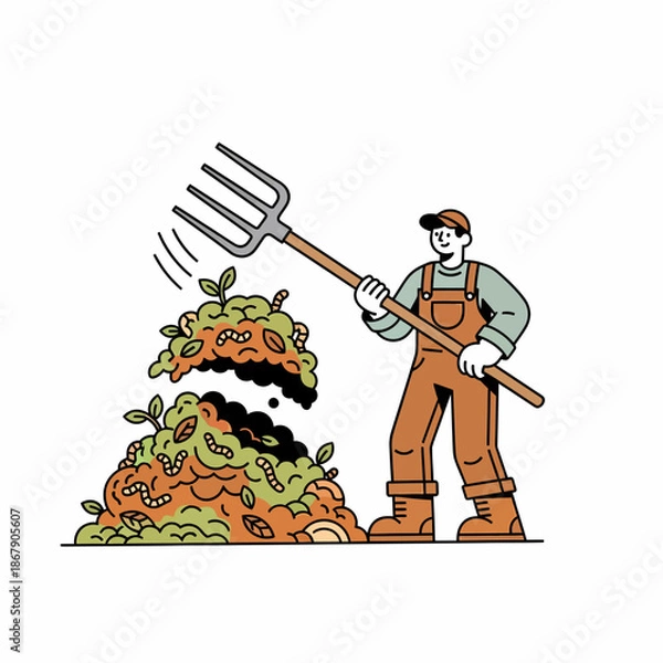 Obraz Gardener Turning Compost with Pitchfork.