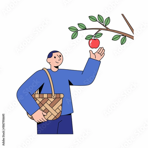 Obraz Man Picking Apple from Tree Branch.