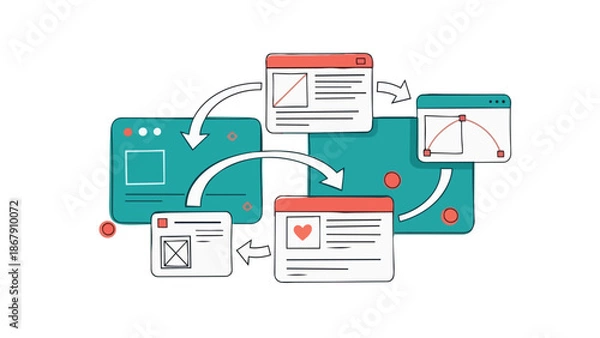 Obraz Web pages with arrows showing data flow and interaction between different online elements.