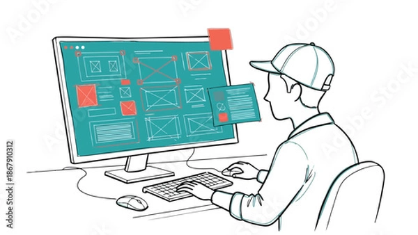 Obraz Person working on computer with complex data and interface elements.
