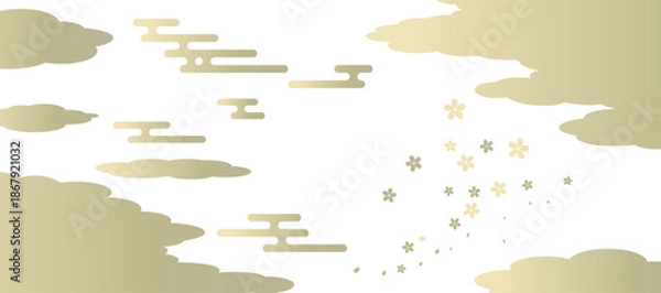 Fototapeta 雲取りとエ霞と桜の背景イラスト　和風　波紋　吉祥文様