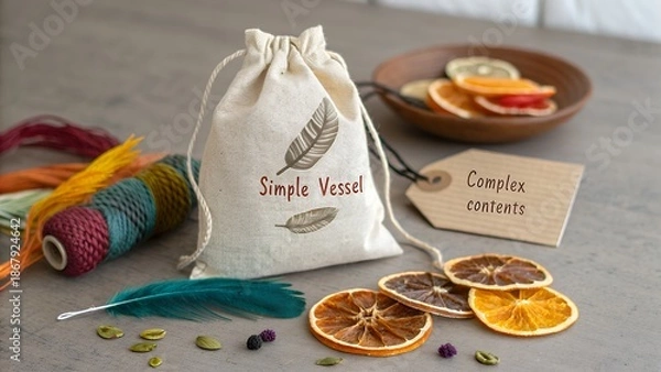 Obraz Simple handmade linen drawstring bag with decorative feathers