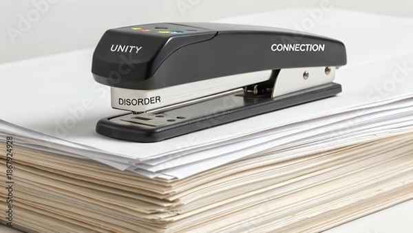 Obraz Stapler connecting unity and disorder on a stack of papers