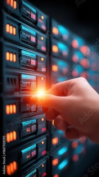 Obraz Hand interacting with glowing server in data center environment