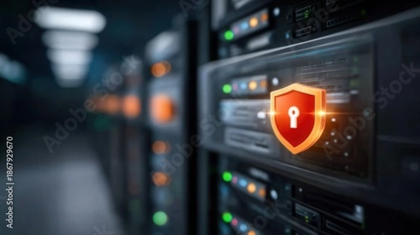 Obraz Secure data server room with shield and key icon protecting sensitive information