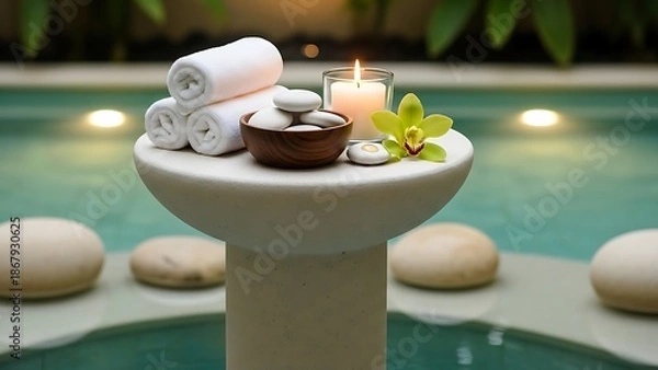 Obraz Tranquil spa essentials arrangement by the poolside for relaxation time