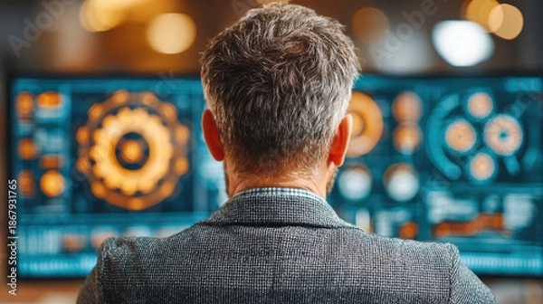 Obraz individual demonstrates control and power through discipline while analyzing data on multiple screens