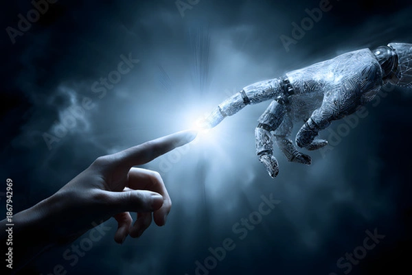 Obraz Human and Robot Hand Touching Symbolizing Artificial Intelligence and Technology