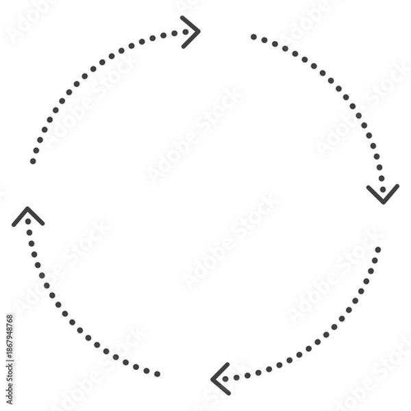 Obraz 4つで円形になるシンプルな破線の矢印　モノクロ